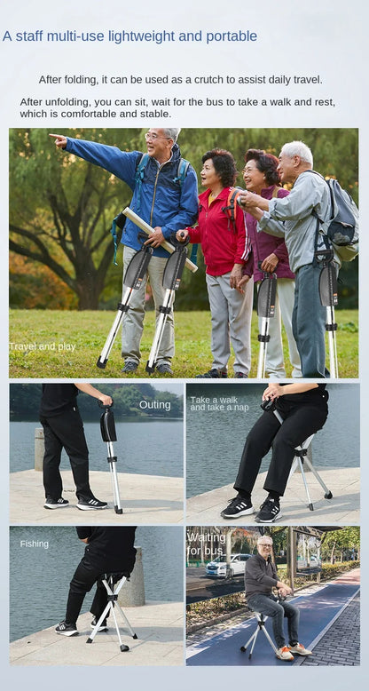 Bastón con asiento, bastón multifuncional plegable, ligero, carga conveniente, muletas de 120 kg con taburete para personas mayores, caminar, senderismo