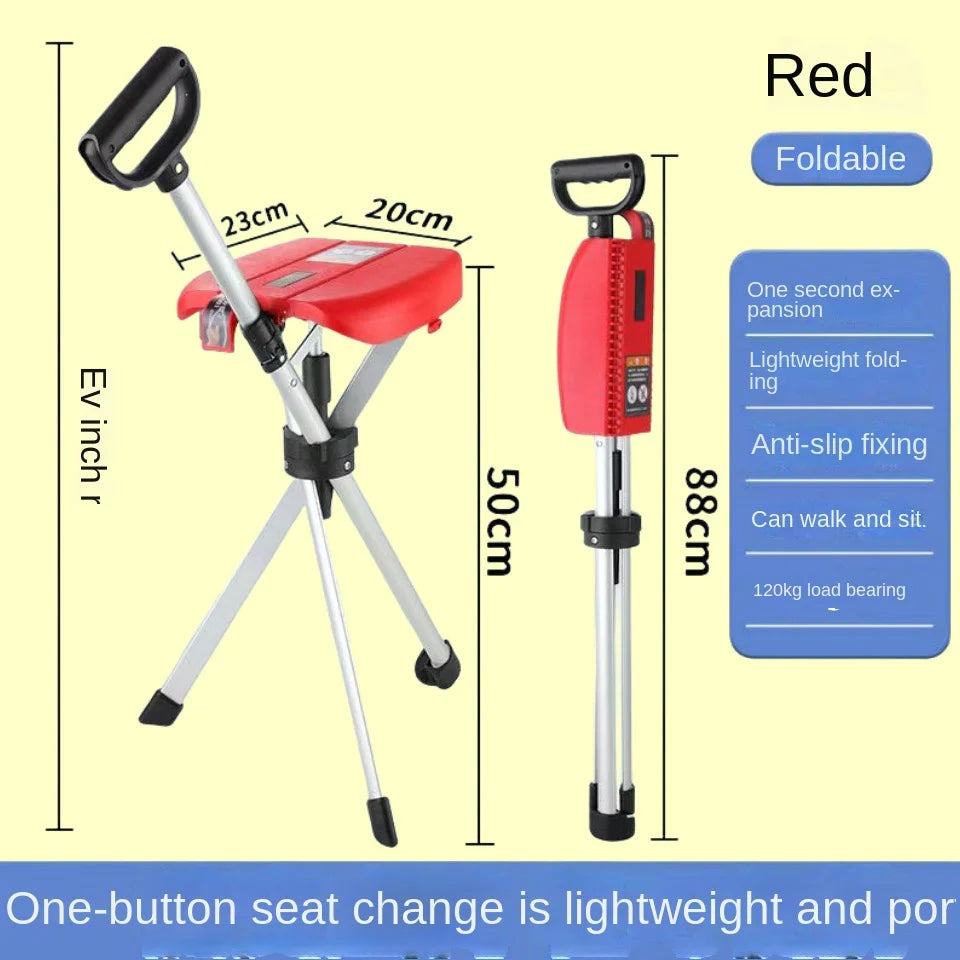 Bastón con asiento, bastón multifuncional plegable, ligero, carga conveniente, muletas de 120 kg con taburete para personas mayores, caminar, senderismo