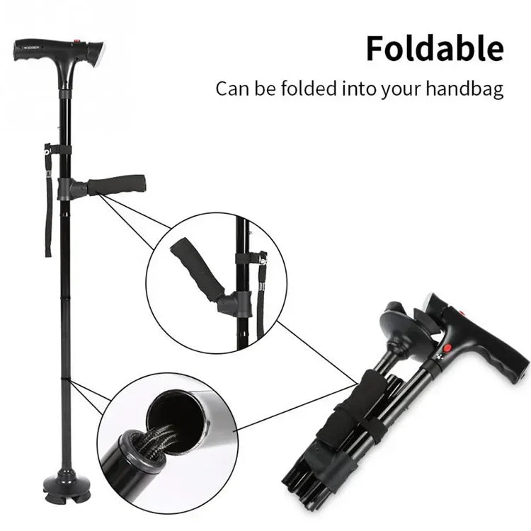 Bastón plegable telescópico plegable, bastón LED para personas mayores con alarma, palos confiables para caminar, muletas para personas mayores para madres y padres mayores