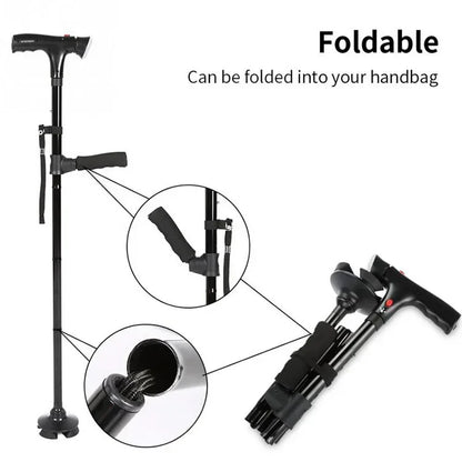 Bastón plegable telescópico plegable, bastón LED para personas mayores con alarma, palos confiables para caminar, muletas para personas mayores para madres y padres mayores