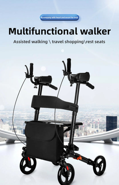 Andador plegable con asiento y altura ajustable: carrito de empuje de ayuda para la movilidad para personas mayores, rollador de soporte para caminar asistivo portátil