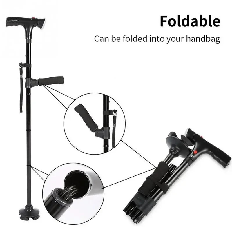 Bastón plegable telescópico plegable, bastón LED para personas mayores con alarma, palos confiables para caminar, muletas para personas mayores para madres y padres mayores