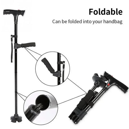 Bastón plegable telescópico plegable, bastón LED para personas mayores con alarma, palos confiables para caminar, muletas para personas mayores para madres y padres mayores