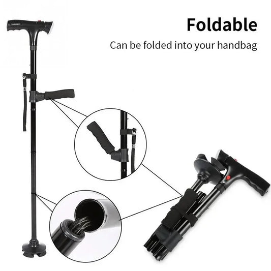 Bastón plegable telescópico plegable, bastón LED para personas mayores con alarma, palos confiables para caminar, muletas para personas mayores para madres y padres mayores