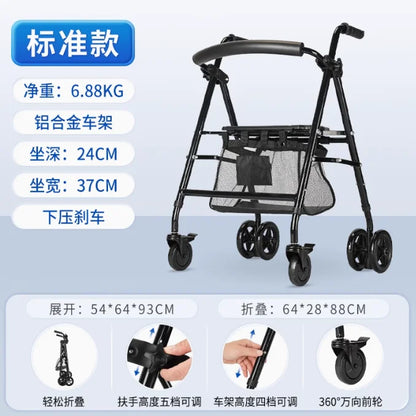 Andador plegable con asiento y altura ajustable: carrito de empuje de ayuda para la movilidad para personas mayores, rollador de soporte para caminar asistivo portátil