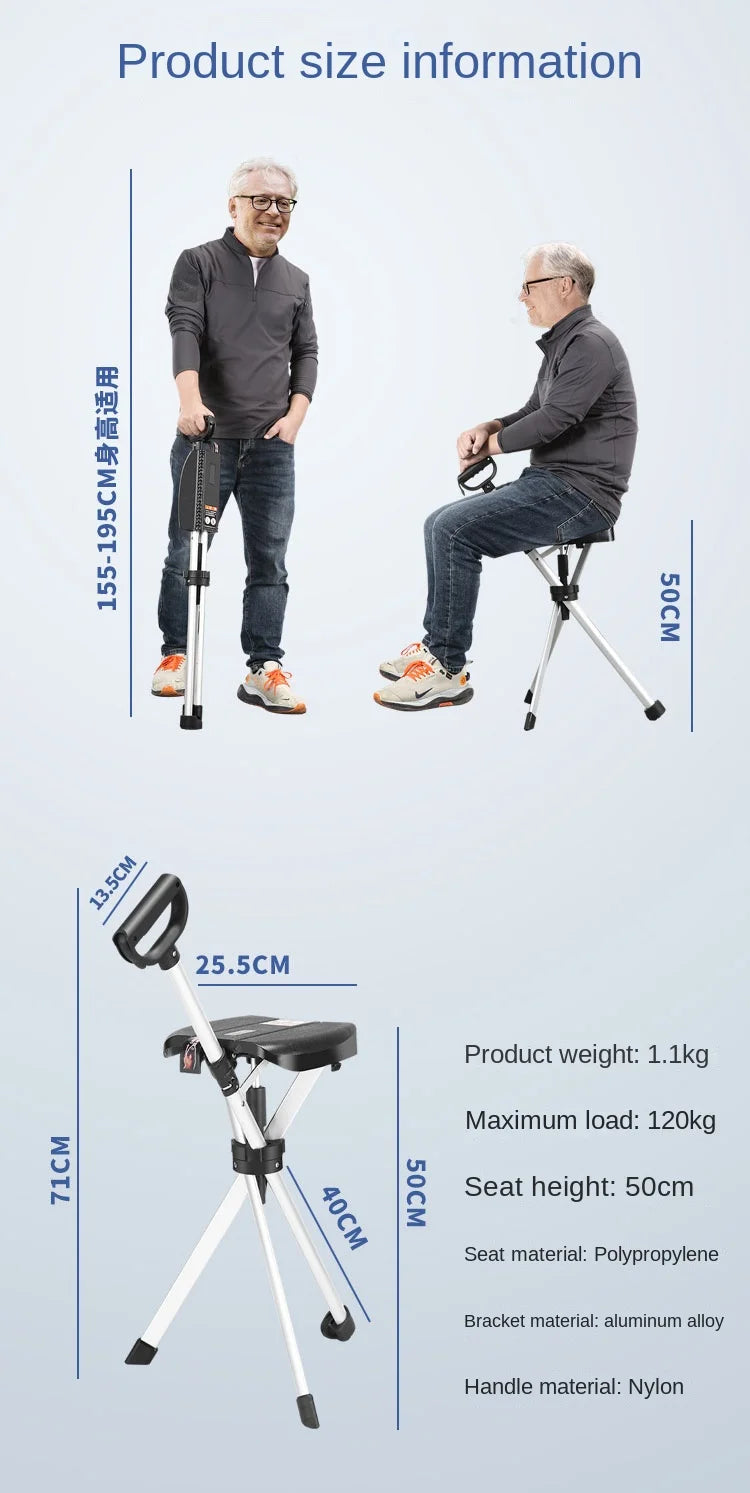 Bastón con asiento, bastón multifuncional plegable, ligero, carga conveniente, muletas de 120 kg con taburete para personas mayores, caminar, senderismo