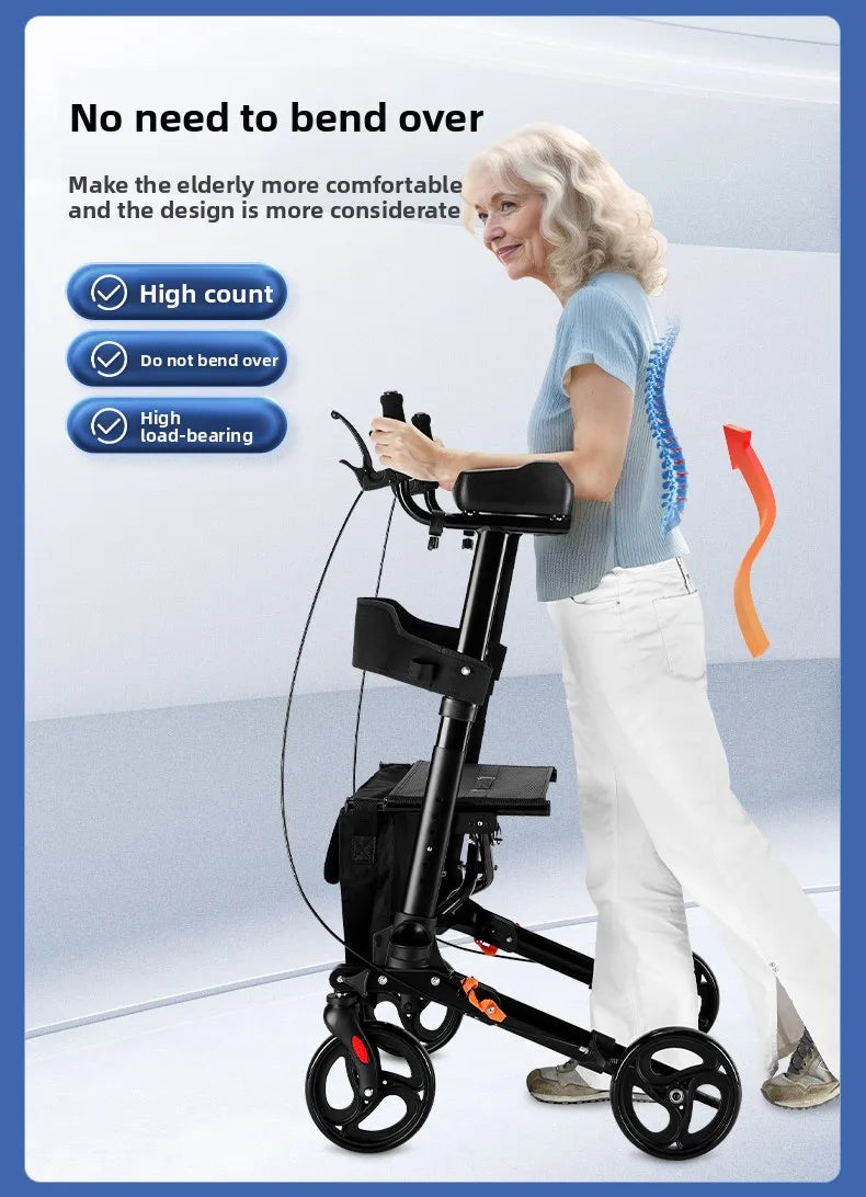 Andador plegable con asiento y altura ajustable: carrito de empuje de ayuda para la movilidad para personas mayores, rollador de soporte para caminar asistivo portátil