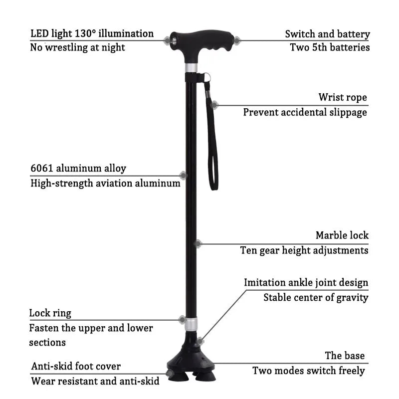 Bastones antideslizantes para ancianos, bastón multifuncional retráctil de aleación de aluminio con luz Led, muleta para ancianos