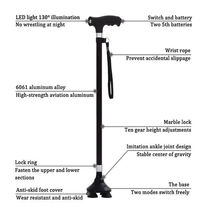 Bastones antideslizantes para ancianos, bastón multifuncional retráctil de aleación de aluminio con luz Led, muleta para ancianos