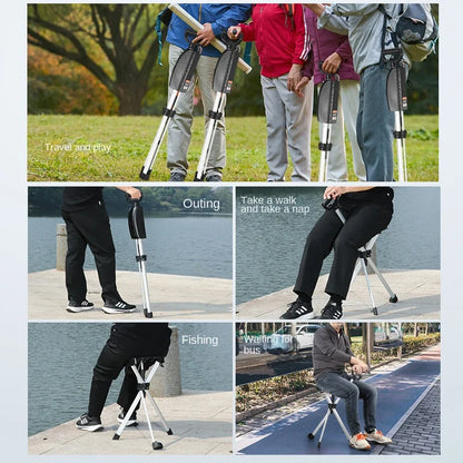 Bastón con asiento, bastón multifuncional plegable, ligero, carga conveniente, muletas de 120 kg con taburete para personas mayores, caminar, senderismo