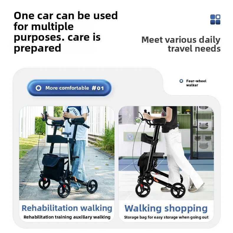 Andador plegable con asiento y altura ajustable: carrito de empuje de ayuda para la movilidad para personas mayores, rollador de soporte para caminar asistivo portátil